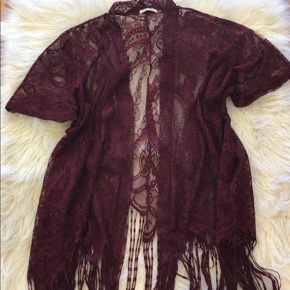 Tops - Maroon Lace and Fringe Cardigan Duster
